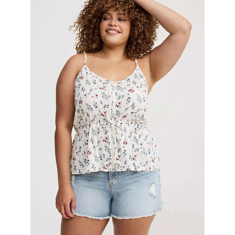 Torrid Floral Pointelle Knit Drawstring Peplum Cami Top White‎ Blue Red Size 1